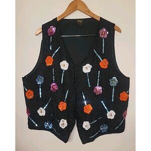100% Silk Beaded Vest Women's 2XL‎ Plus Size Floral Hippie Eveningwear Eclectic